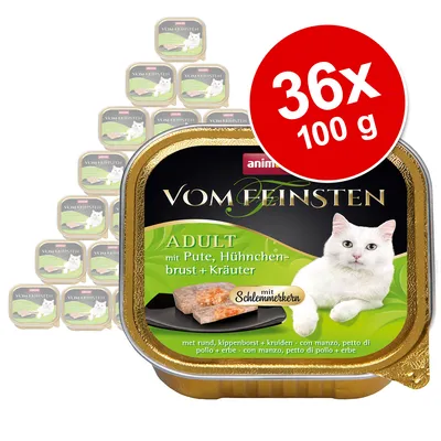 Animonda Vom Feinsten Adult -kissan märkäruoka, kalkkunaa, kananrintaa ja yrttejä. Pakkaus: 36 x 100 g. Etiketissä valkoinen kissa ja tuotteen nimi näkyvissä.