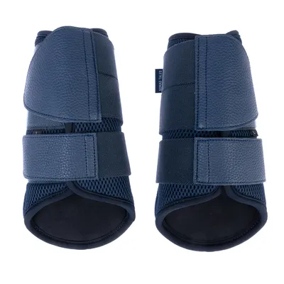 Twee blauwe beschermende gamaschen met netmateriaal en klittenbandsluitingen, geschikt voor de bescherming van dierenbenen.