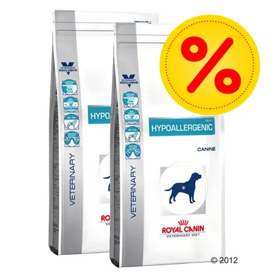 Two bags labelled hypoallergenic veterinary diet with icons for skin, digestion and exclusive formula. Large percentage symbol indicates a special offer or discount.