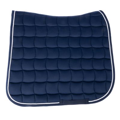 Sottosella imbottito blu scuro con motivo trapuntato e bordo bianco.