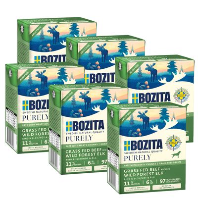 Bozita Purely Adult Dog, grain-free recipe with beef & elk. 11% protein, 6% fat, 97% fresh meat. Rich in antioxidants, no colourants.