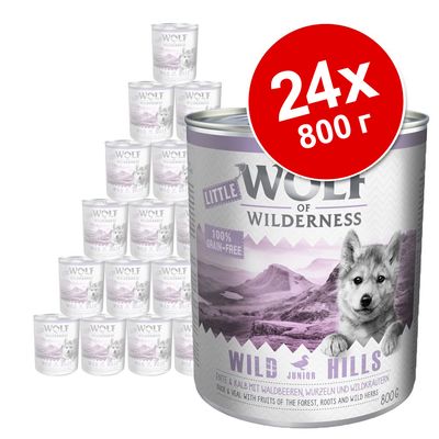 24 банки по 800 г корма Little Wolf of Wilderness Wild Hills Junior. Видна надпись: 100% grain-free. На упаковке изображён волк и горный пейзаж.