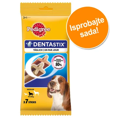 Pedigree Dentastix Medium za pse 10–25 kg, 7 štapića. Tekst: Isprobajte sada! Smanjuje stvaranje zubnog kamenca do 80 %.