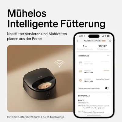 Distributeur automatique Polar Wet Food Feeder avec écran de smartphone affichant un planning de repas et des journaux d’alimentation. Texte en allemand, prise en charge Wi-Fi 2,4 GHz indiquée.