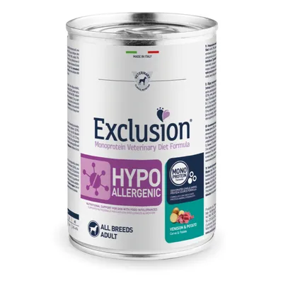 Exclusion Monoprotein Veterinary Diet Formula, alimento umido ipoallergenico per cani con intolleranze alimentari. Gusto: cervo e patate. Adatto a tutte le razze, adulti.