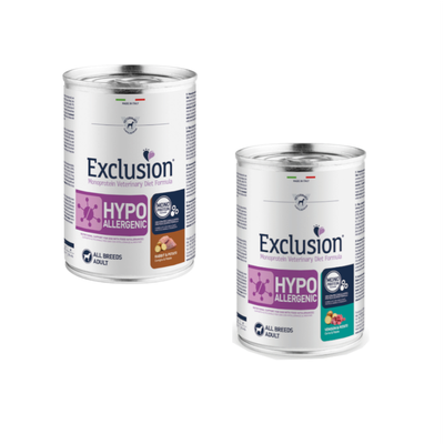 6 lattine da 400 g di Exclusion Hypoallergenic Monoprotein Veterinary Diet Formula, visibile testo: HYPOALLERGENIC, MONOPROTEIN, ALL BREEDS ADULT, Horse & Potato.