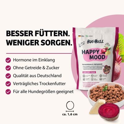 BUGBELL HAPPY MOOD Trockenfutter: Hormone im Einklang, ohne Getreide & Zucker, Qualität aus Deutschland, verträglich, für alle Hundegrößen geeignet, Kroketten ca. 1,6 cm.