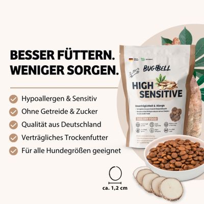 BugBell High Sensitive Trockenfutter, hypoallergen, ohne Getreide und Zucker, Qualität aus Deutschland, für alle Hundegrößen geeignet, Kroketten ca. 1,2 cm.