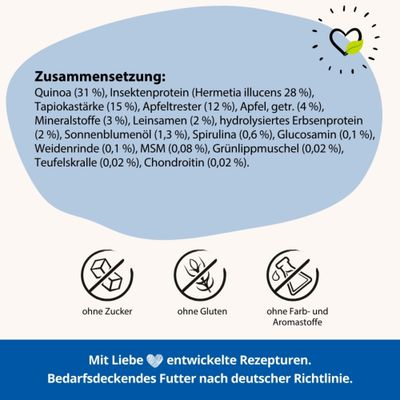 Zusammensetzung: Quinoa, Insektenprotein, Tapiokastärke, Apfeltrester, Apfel getrocknet, Mineralstoffe, Leinsamen, Erbsenprotein, Sonnenblumenöl, Spirulina, ohne Zucker, Gluten, Farb- und Aromastoffe.