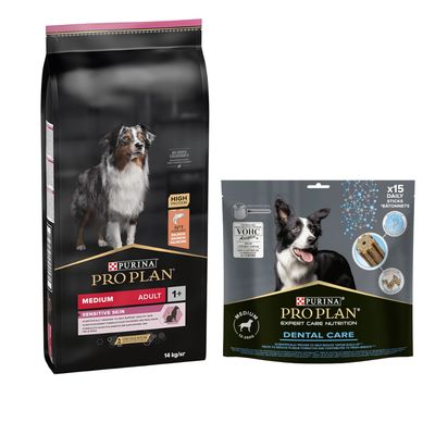 PURINA PRO PLAN 12 / 14 kg + friandises Dental Care 345 g ou 426 g offertes ! Medium Adult Sensitive Skin (14 kg) + Medium pour chien de taille moyenne (345 g)