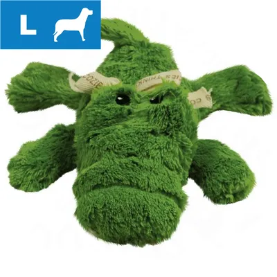 Grønt plyslegetøj formet som et dyr, med sorte øjne og stofmærker. Blå felt med hvidt L og hundesilhuet i øverste venstre hjørne. Grønt plyslegetøj formet som et dyr, med sorte øjne og stofmærker. Blå felt med hvidt L og hundesilhuet i øverste venstre hjørne.
