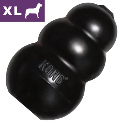 KONG sort hundelegetøj i gummi, størrelse XL. Synlig tekst: KONG og XL med ikon af stor hund.