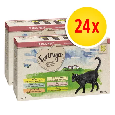 Feringa Classic Meat, zestaw 24 x 85 g. Widoczne smaki: drób z marchewką i mniszkiem, królik i indyk z rokitnikiem i kocimiętką, kaczka i cielęcina z brokułami i mniszkiem, cielęcina z marchewką i tymiankiem, kurczak i pstrąg z ziemniakiem i pietruszką, dziczyzna z borówkami i mniszkiem. Dla kotów dorosłych.