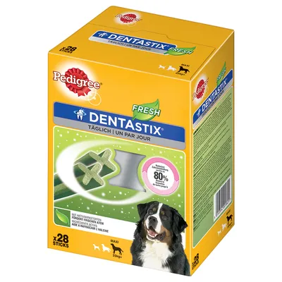 Συσκευασία Pedigree Dentastix Fresh, 28 τεμάχια για σκύλους άνω των 25 κιλών. Εμφανίζεται το προϊόν σε σχήμα σταυρού και σκύλος στη συσκευασία. Ορατό κείμενο: DENTASTIX FRESH.