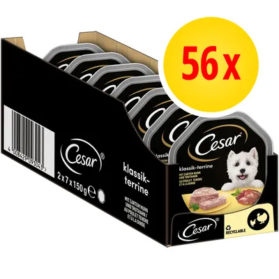 Confezione da 56 vaschette Cesar klassik-terrine, 2x7x150g, con immagini di terrina e carne, testo visibile: 'MIT ZARTEM HUHN UND TRUTHAN', simbolo riciclabile e pollo. Confezione da 56 vaschette Cesar klassik-terrine, 2x7x150g, con immagini di terrina e carne, testo visibile: 'MIT ZARTEM HUHN UND TRUTHAN', simbolo riciclabile e pollo.