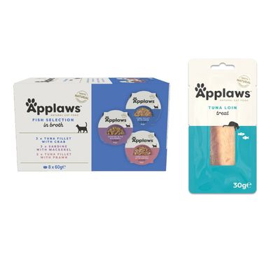 Chicken selection in broth: 3 chicken breast, 3 chicken breast with tuna roe, 2 chicken breast with duck. Pack contains 8 x 60g portions.