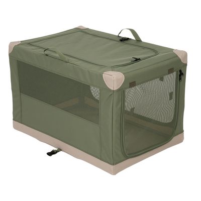 Transportbox van groene stof met netramen en beige verstevigde hoeken, ritsen en draaggrepen.