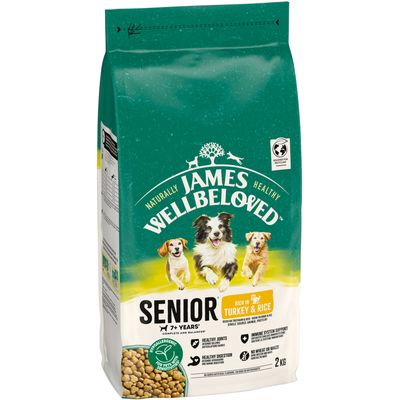Key ingredients and benefits: dried turkey protein, alfalfa, yucca, brown and white rice, chicory extract, chondroitin and glucosamine with their nutritional or health functions listed.