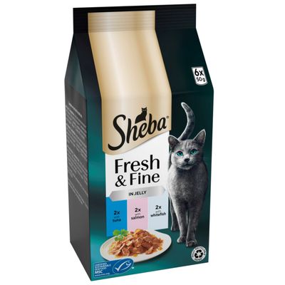 Sheba Fresh & Fine in Jelly, 6 x 50g pouches with tuna and salmon. Includes certified sustainable seafood label and 100% recyclable paper symbol.