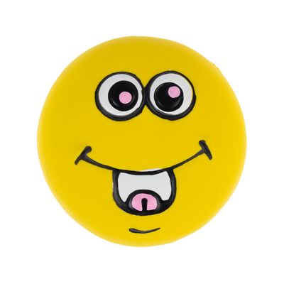 Žuta igračka za pse u obliku smiley lica s velikim očima i otvorenim ustima.