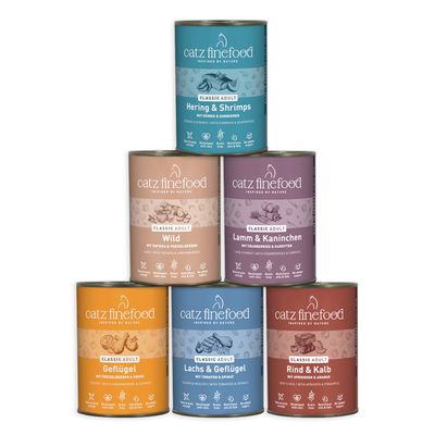 Catz Finefood Classic Nr. 9, selvaggina. Alimento per gatti di alta qualità: senza cereali, senza zuccheri aggiunti, senza test sugli animali. 93% carne in liquido di cottura. Prodotto in Germania.