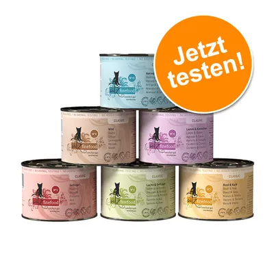 catz finefood Classic Nassfutter, verschiedene Sorten: Hering, Wild, Lamm & Kaninchen, Geflügel, Lachs & Geflügel, Rind & Kalb. Orangefarbener Button mit Text 'Jetzt testen!'.