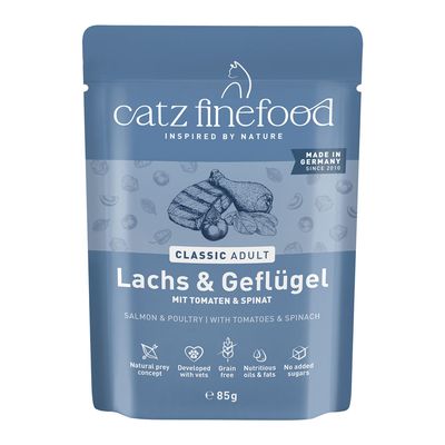 Sachet catz finefood Classic N°9, gibier, 85 g. Mentions : Made in Germany, sans céréales, sans tests sur animaux, sans sucre ajouté, 93 % viande et bouillon de cuisson.