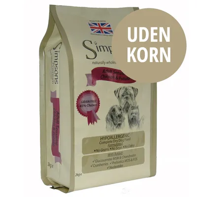 Simpsons Adult Sensitive Chicken & Potato hundefoder 2 kg, UDEN KORN, GRAIN FREE 45% Chicken, hypoallergenic, No Grains, No Soy, No Dairy, med glucosamin, MSM, chondroitin, tranebær, prebiotika