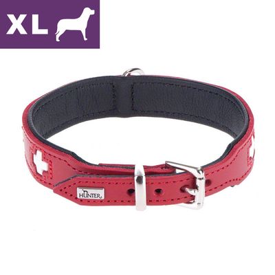 Czerwona skórzana obroża Hunter z białymi krzyżami, metalową klamrą i oznaczeniem rozmiaru XL w lewym górnym rogu.