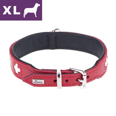 Czerwona skórzana obroża Hunter z białymi krzyżami, metalową klamrą i oznaczeniem rozmiaru XL w lewym górnym rogu.