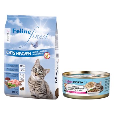 Feline Porta 21 finest Adult SENSIBLE kattefoder, stor pose og seks dåser Feline Porta 21 Hühnerfleisch Fine Chicken Meat. Rød procent-tegn viser tilbud eller rabat.