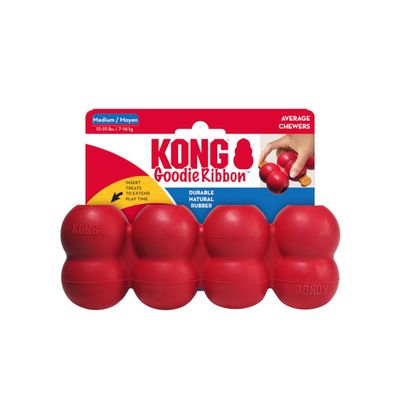 KONG Goodie Ribbon aus strapazierfähigem Naturkautschuk, Grösse Medium für Hunde von 7-16 kg. Hinweis: Leckerlis einfügen, um die Spielzeit zu verlängern.