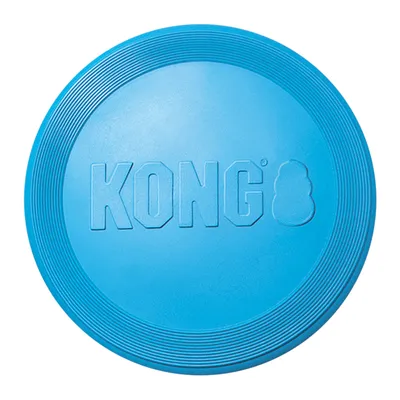 Disque bleu en plastique avec le nom KONG et le logo en relief au centre, surface à bords rainurés visibles. Disque bleu en plastique avec le nom KONG et le logo en relief au centre, surface à bords rainurés visibles.