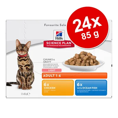 Hill's Science Plan Adult 1-6 Light, 24x85 g, komadići u umaku, 6x piletina, 6x s morskom ribom. Prikazana mačka i tanjur hrane na pakiranju.