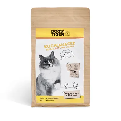 DOGS'n TIGER KÜCHENJÄGER Huhn & Ente mit Gemüse, 75 % Huhn & Ente, aliment complet pour chat senior. Texte en allemand visible sur l’emballage. DOGS'n TIGER KÜCHENJÄGER Huhn & Ente mit Gemüse, 75 % Huhn & Ente, aliment complet pour chat senior. Texte en allemand visible sur l’emballage.