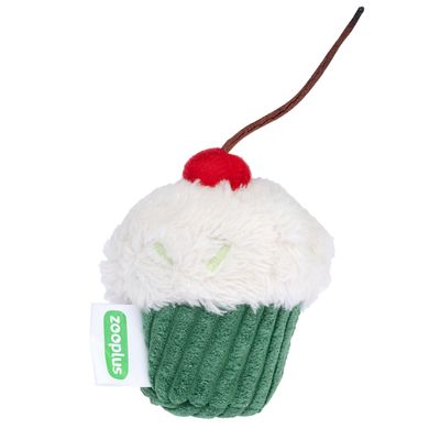Zooplus plush toy in cupcake shape with green base, white top and red cherry. Suitable for pets.