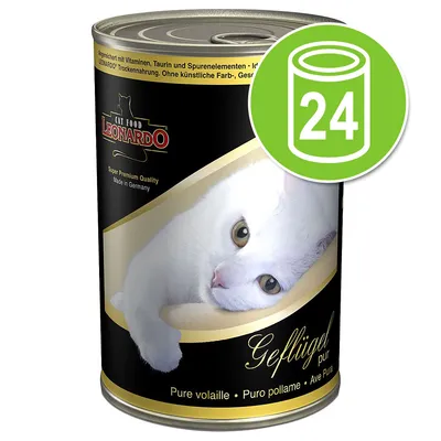 Leonardo Cat Food blik, Geflügel pur, afbeelding van witte kat op het etiket. Groene cirkel met symbool en cijfer 24 geeft voordeelverpakking van 24 blikken aan.