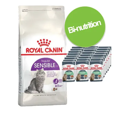 Sachet de croquettes Royal Canin Regular Sensible 33 pour chat, plusieurs sachets Royal Canin Care Digest 85 g, pastille verte avec texte Bi-nutrition.