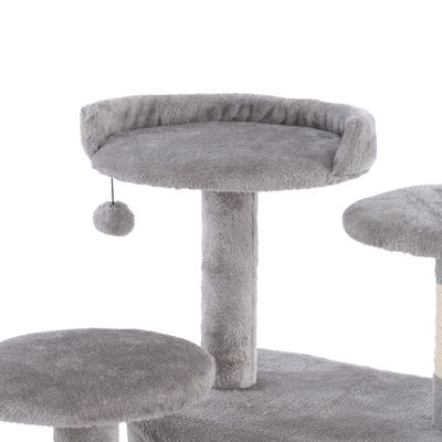 Серое когтеточечное дерево с тремя уровнями, мягким лежаком и подвесным игровым мячом.