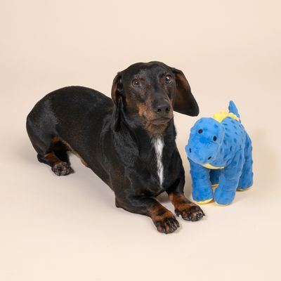 Plüschspielzeug in Dinosaurierform, blau mit gelben Akzenten.