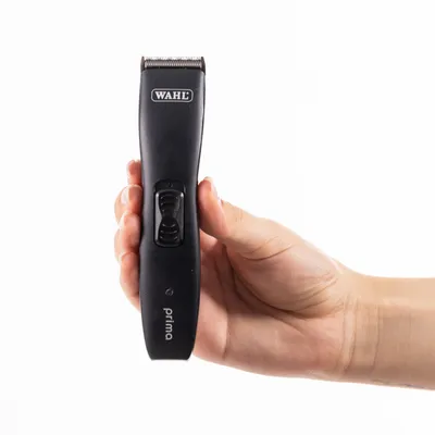 Tondeuse noire tenue en main, marque WAHL, modèle prima, bouton de réglage visible sur le manche.