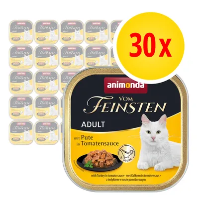 animonda Vom Feinsten Adult mit Pute in Tomatensauce, 30x tacka z białym kotem i kawałkami indyka w sosie pomidorowym. Widoczny napis: 30x.