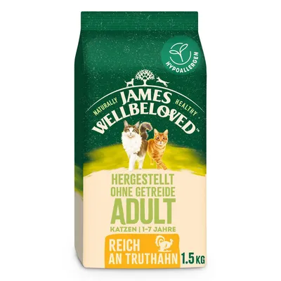 James Wellbeloved Hypoallergenic, hergestellt ohne Getreide, Adult Katzen 1–7 Jahre, reich an Truthahn, 1,5 kg. Texte en allemand visibles sur l’emballage.