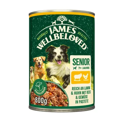 James Wellbeloved Senior 7+ Jahre, hypoallergénique, 800g, pâtée pour chien avec agneau, poulet, riz et légumes. Texte en allemand sur l’emballage. James Wellbeloved Senior 7+ Jahre, hypoallergénique, 800g, pâtée pour chien avec agneau, poulet, riz et légumes. Texte en allemand sur l’emballage.