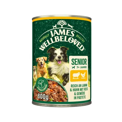 James Wellbeloved Senior 7+ years, rich in lamb & chicken with rice & vegetables in pâté, hypoallergenic, 800g can.