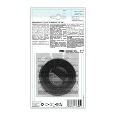Antiparasiten-Halsband für Hunde, Länge 60 cm, Gewicht 24 g. Gebrauchsanweisung und Vorsichtsmaßnahmen auf der Verpackung sichtbar.