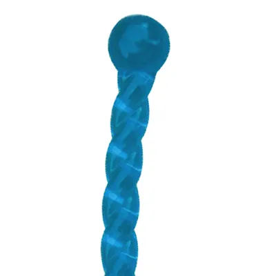 Blauw, gedraaid speelgoed van kunststof met een rond uiteinde.