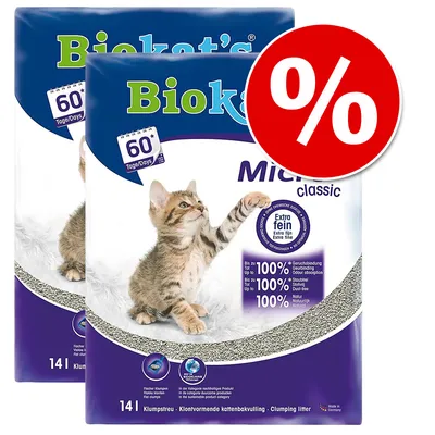 Biokat's Micro Classic klumpströ, extra fin, upp till 100 % luktbindning, 60 dagars användning, 14L förpackning, Made in Germany, erbjudande med rabattmärke.