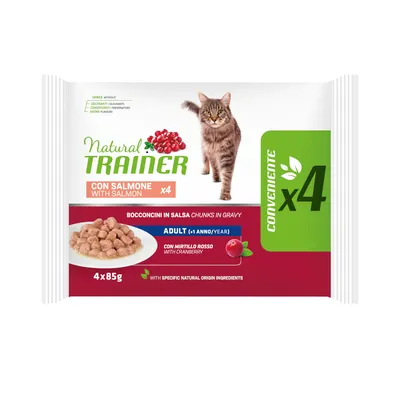 Natural Trainer kattmat, bitar i sås med lax och tranbär, för vuxna katter från 1 år. Förpackning: 4x85g, utan färgämnen och konserveringsmedel.