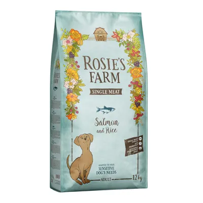 Rosie’s Farm Single Meat Salmon and Rice, adapté aux besoins des chiens sensibles, adulte, 12 kg. Mentions visibles : single meat, prebiotics, without artificial additives.